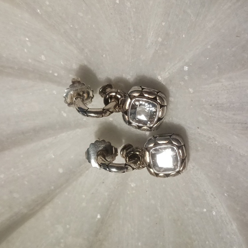 John Hardy Kali Pebble White Topaz Drop Hoop Earrings 925 Sterling & White Topaz
